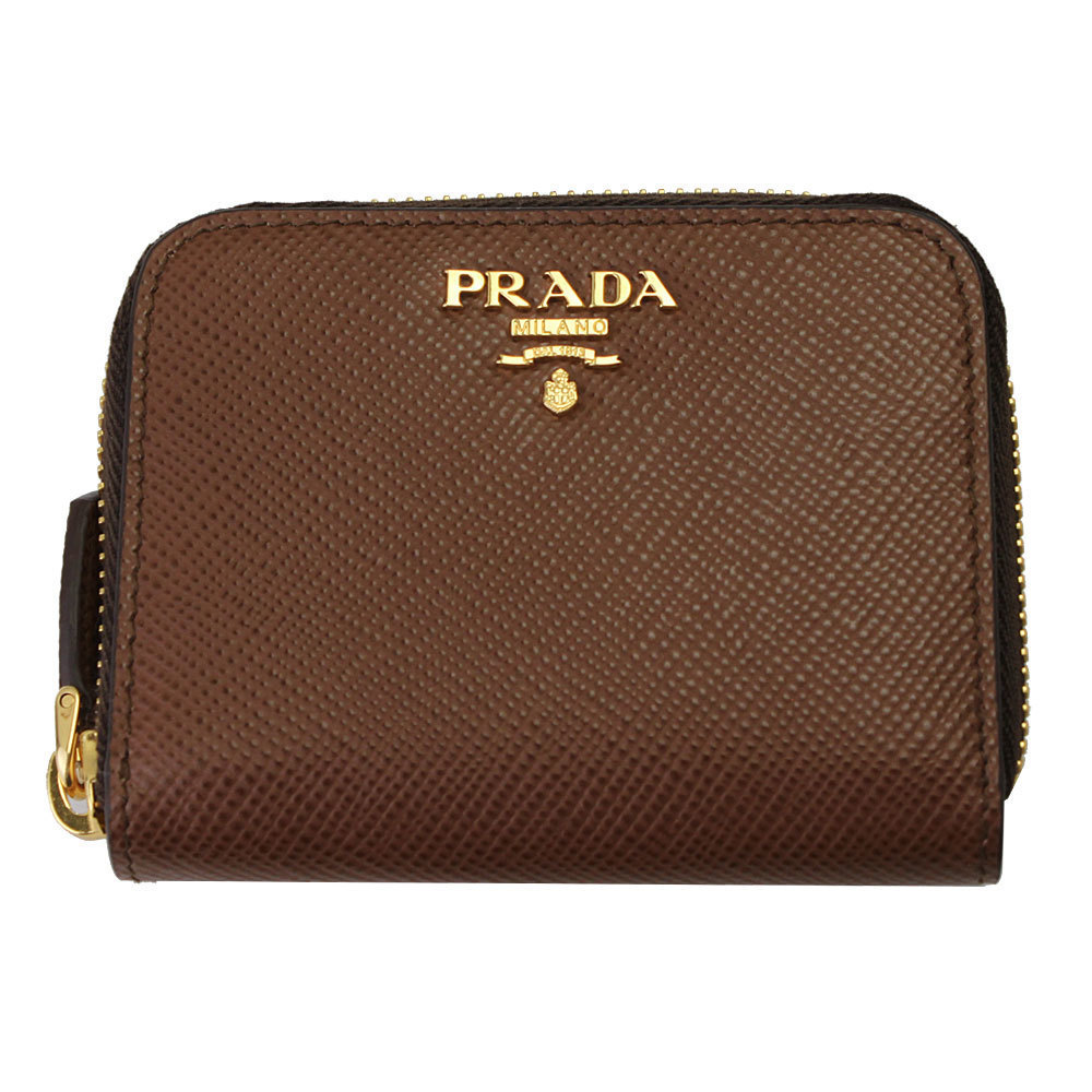 Prada Leather Brown Zipper Coin Embossed Round Purse